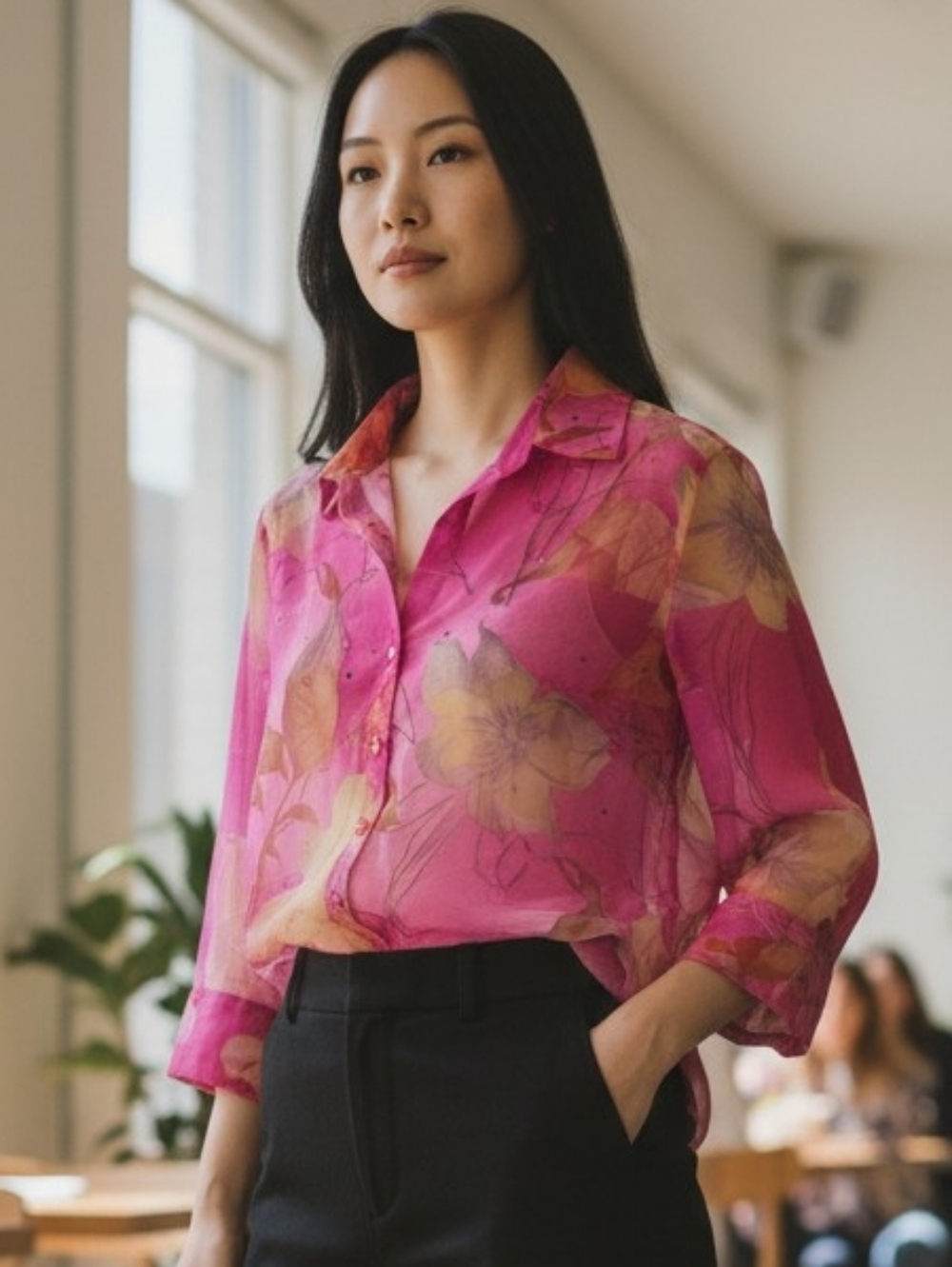 Multiples Pink Floral Sheer Button-Down Shirt